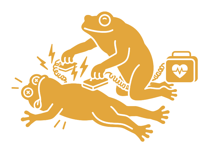One toad shocking another, knocked-out toad back to life with defibrillator paddles