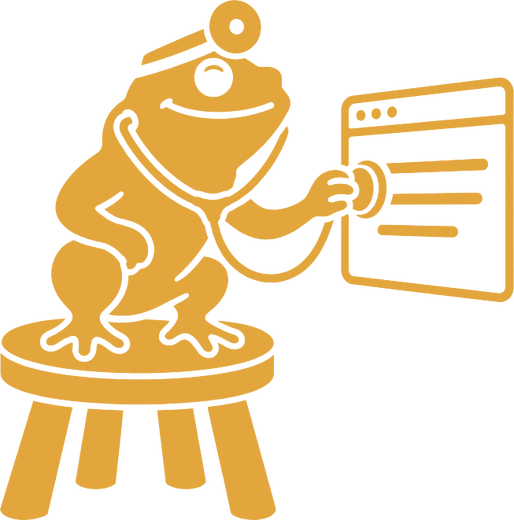 The toad in a doctor's head mirror, sitting on his stool and listening to a web page with a stethoscope